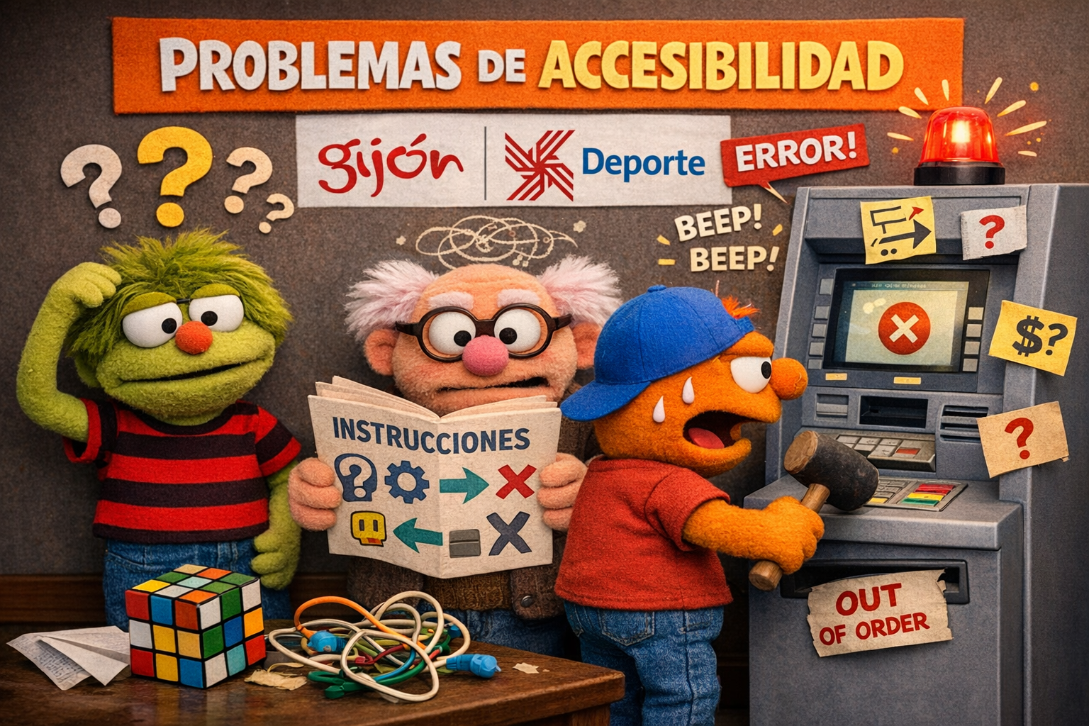 Marionetas ante una máquina averiada con el cartel Problemas de accesibilidad y el logotipo de Gijón Deporte