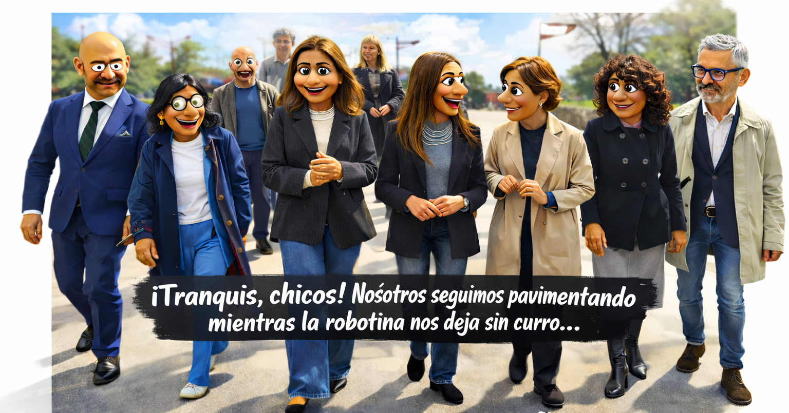 Imagen satírica estilo teleñecos de representantes públicos en Gijón, usada para un artículo crítico sobre urbanismo e inteligencia artificial.
